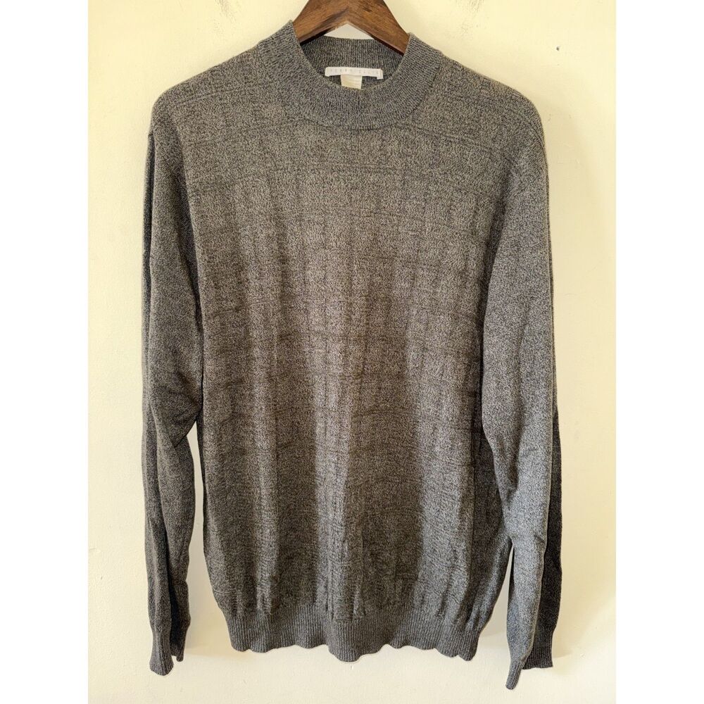 Perry Ellis Mens Large Silk Blend Grid Textured Mock Neck Sweater Charcoal Gray